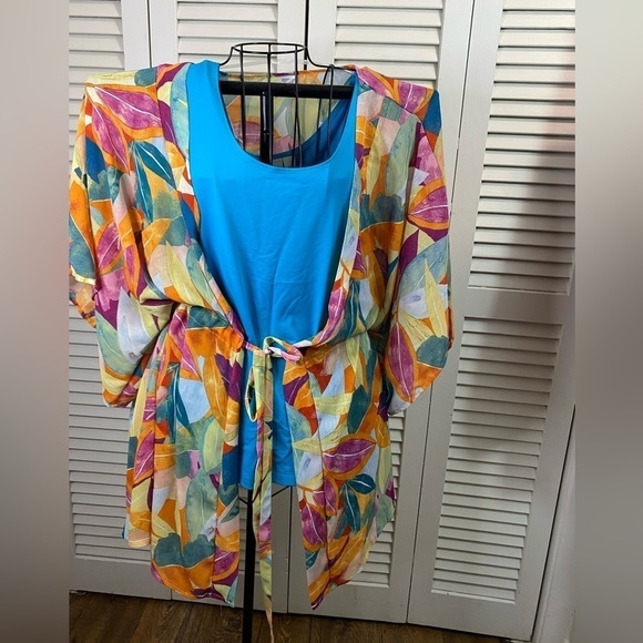Chico’s size 1 set stretch teal tank with matching shrug size large semi sheer - Picture 1 of 14